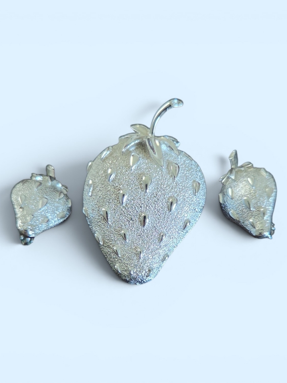 Sarah Coventry Silver Strawberry Brooch and Clip On Earrings Set